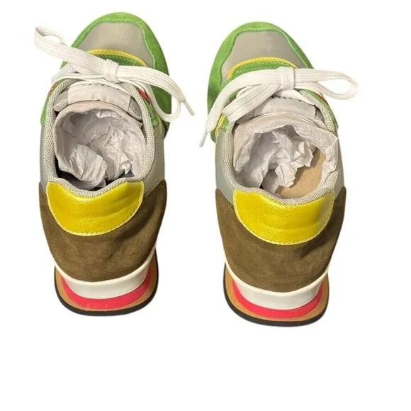 Vintage-Inspired OPP Green & Yellow Suede Running Shoes With White Laces - Picture 4 of 15